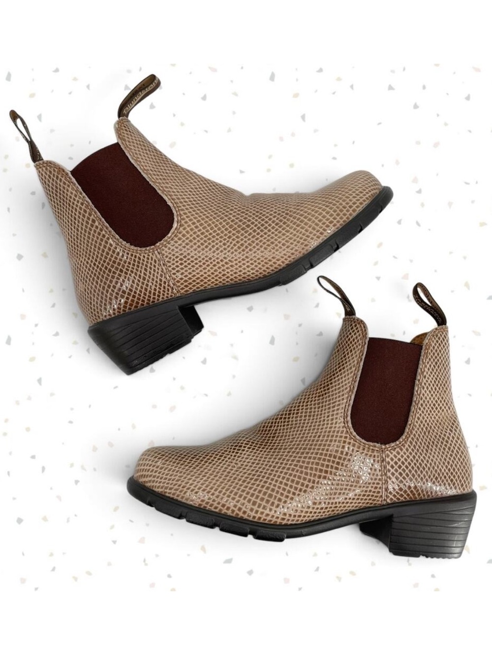 Blundstone Tan Heeled Boots Shell Lizard Print Snakeskin Neutral Booties Size 9